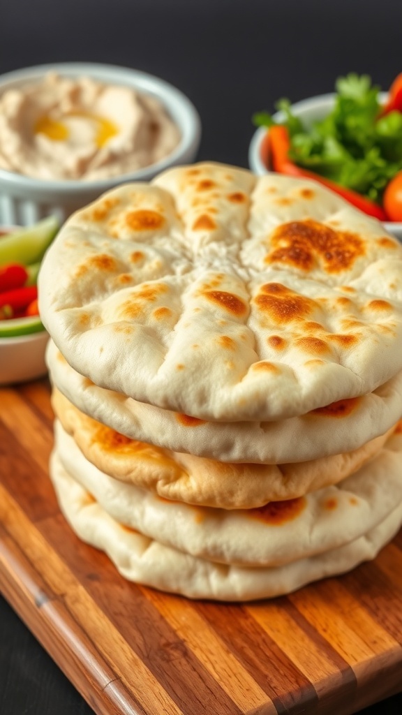 A stack of golden, puffy pita bread on a wooden board with bowls of hummus and fresh vegetables.